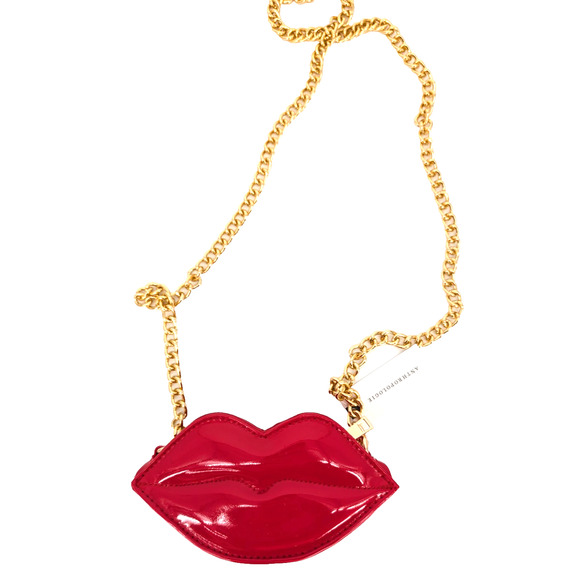Anthropologie Glossy Red Patent Leather Lips Chain Strap Mini Handbag Retro Glam - Picture 4 of 14